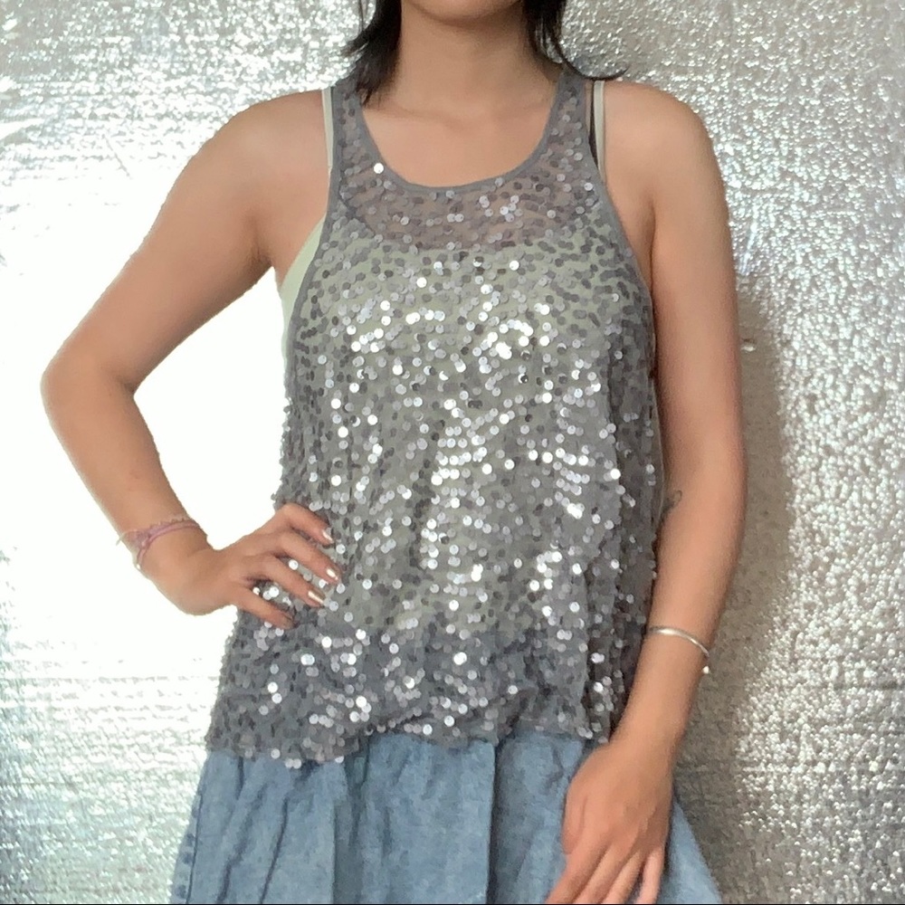 Sheer sleeveless grey sequins top